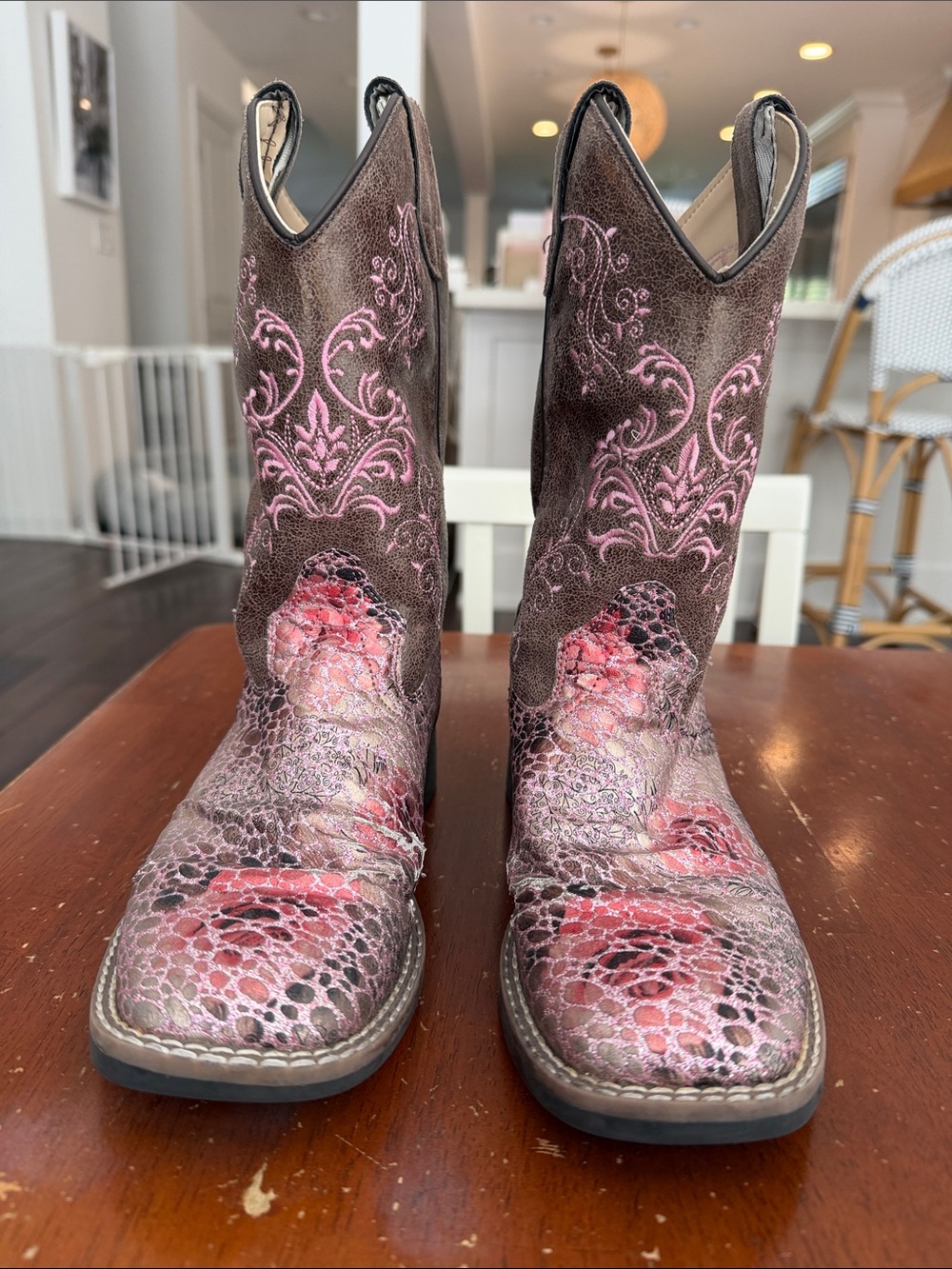 Old West Brown and Pink Embroidered Kids Western Boots Big Girls Size 3